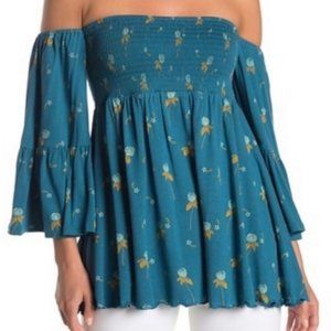 FREE PEOPLE LANA TUNIC MERMAID COMBO OFF THE SHOULDER TOP BLUE